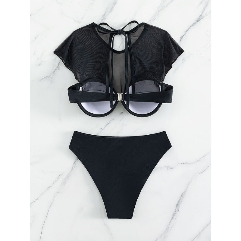 Damen Bikini Oberteil mit transparenten Ärmel und hoch geschnittenem Bund Drune