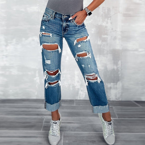 Damen Ripped Boyfriend Jeans im angesagten Vintage-Look mit weitem Bein Drune