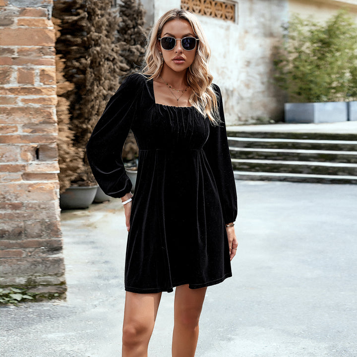 Damen nan Samt-Kurzkleid mit quadratischem Ausschnitt, Empire-Taille und Ballonärmeln Drune