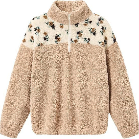 Damen Teddy-Fleece-Pullover mit Stehkragen, floralem Besatz und halbem Reißverschluss Drune