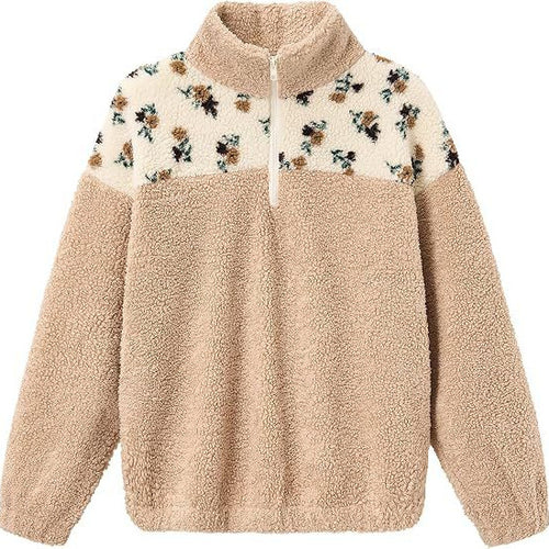 Damen Teddy-Fleece-Pullover mit Stehkragen, floralem Besatz und halbem Reißverschluss Drune
