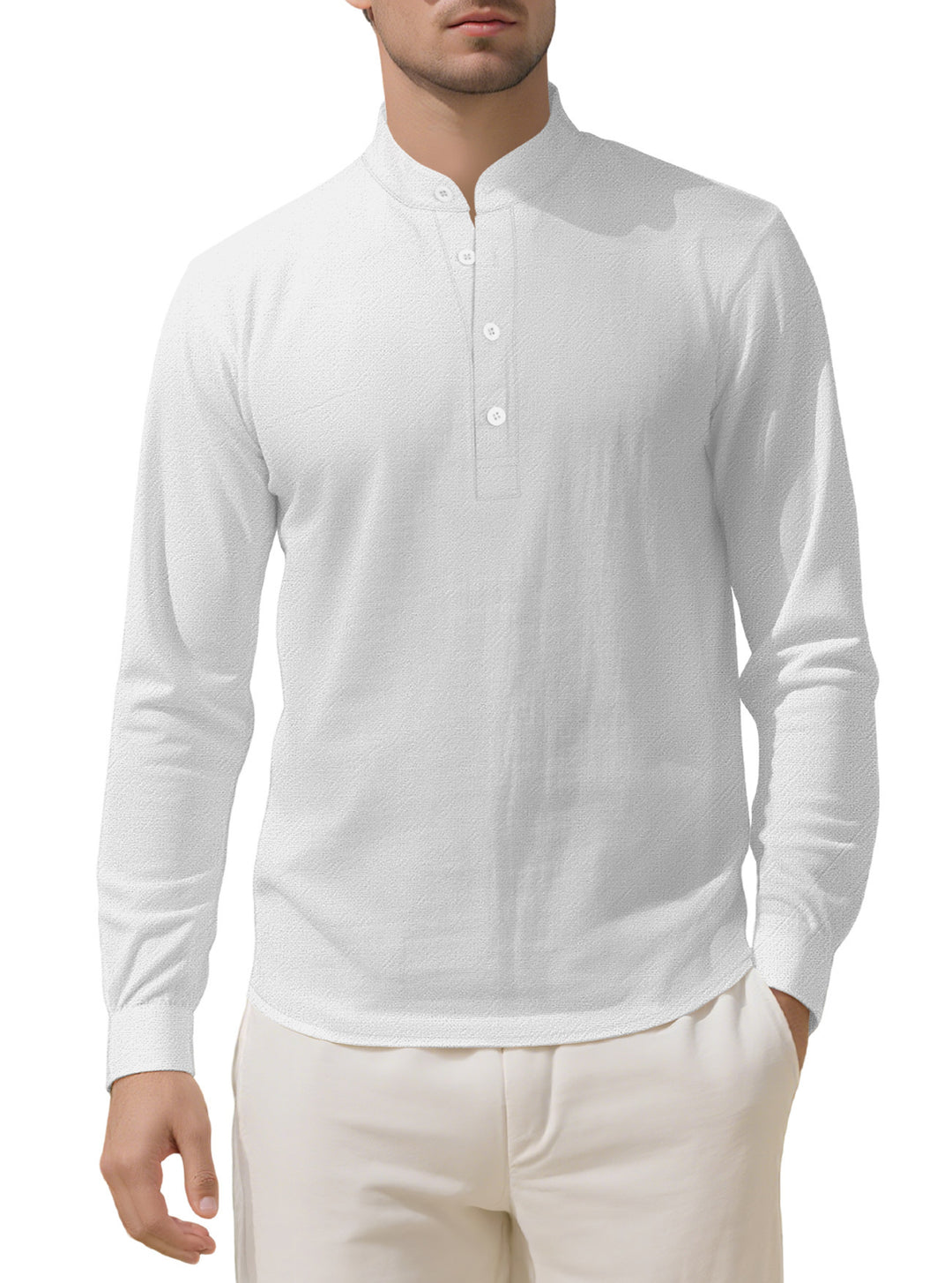 Herren Elegantes Langarmhemd mit Stehkragen und Knopfleiste Drune