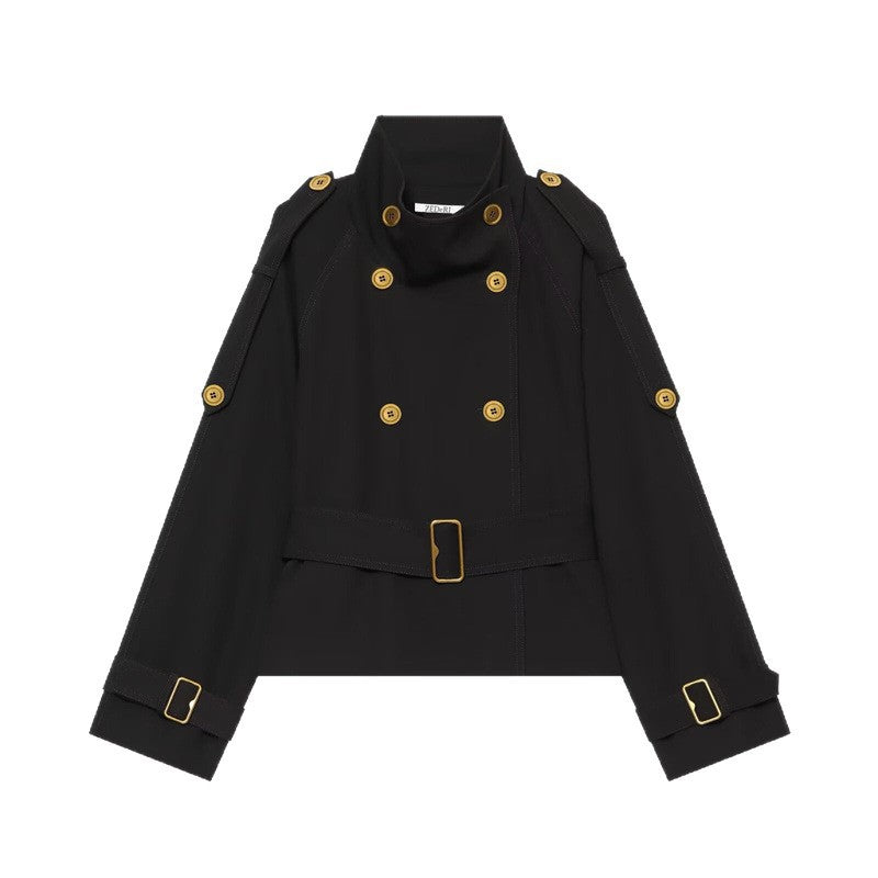 Damen Kurzer Doppelreiher-Trench mit Taillengürtel, Schulterklappen und goldfarbenen Details Drune