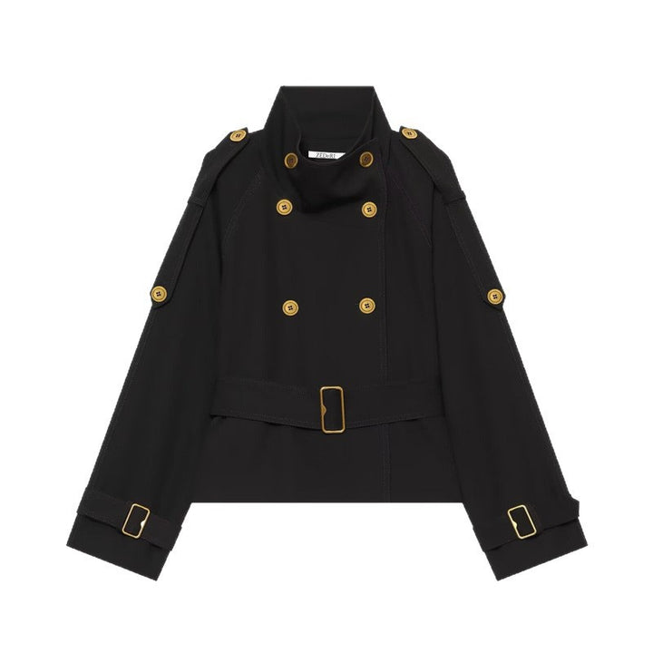 Damen Kurzer Doppelreiher-Trench mit Taillengürtel, Schulterklappen und goldfarbenen Details Drune
