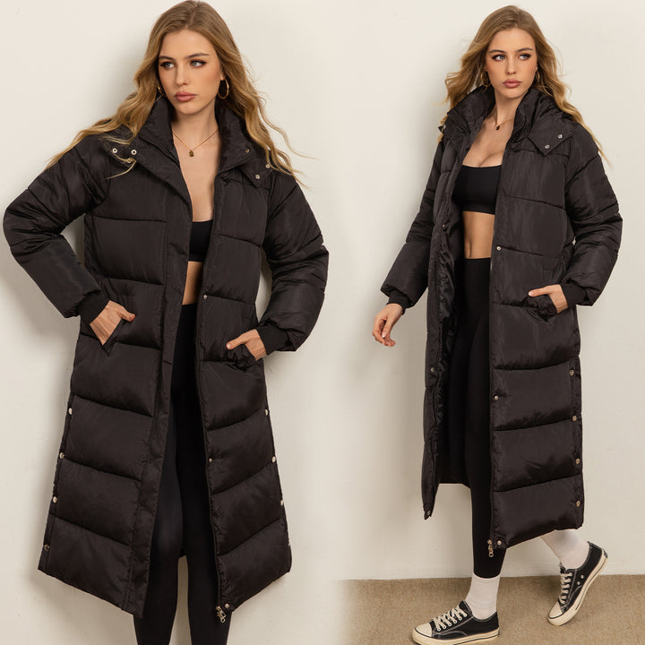Damen Langer wattierter Puffer-Mantel mit Kassettensteppung, Zwei-Wege-Reißverschluss und Rippbündchen Drune