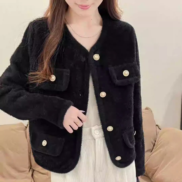 Damen Flauschiger Cardigan mit dekorativen Knopfdetails und praktischen Taschen Drune