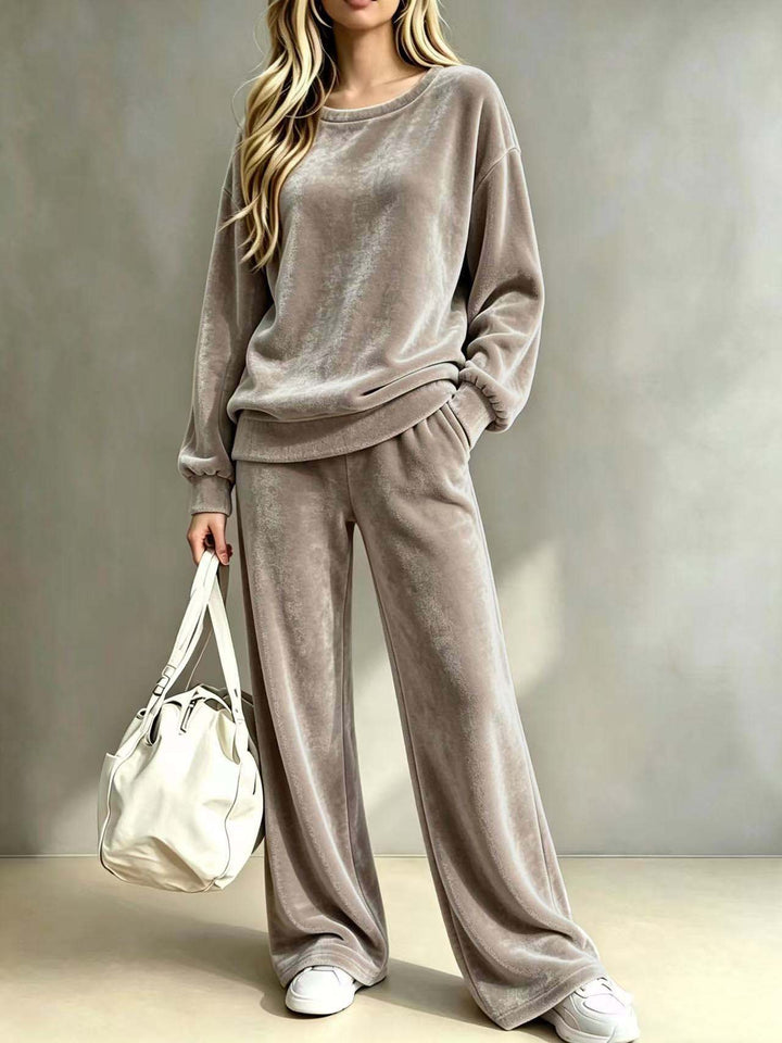 Damen Weiches Velours-Loungewear-Set mit weitem Bein und Rundhalsausschnitt Drune