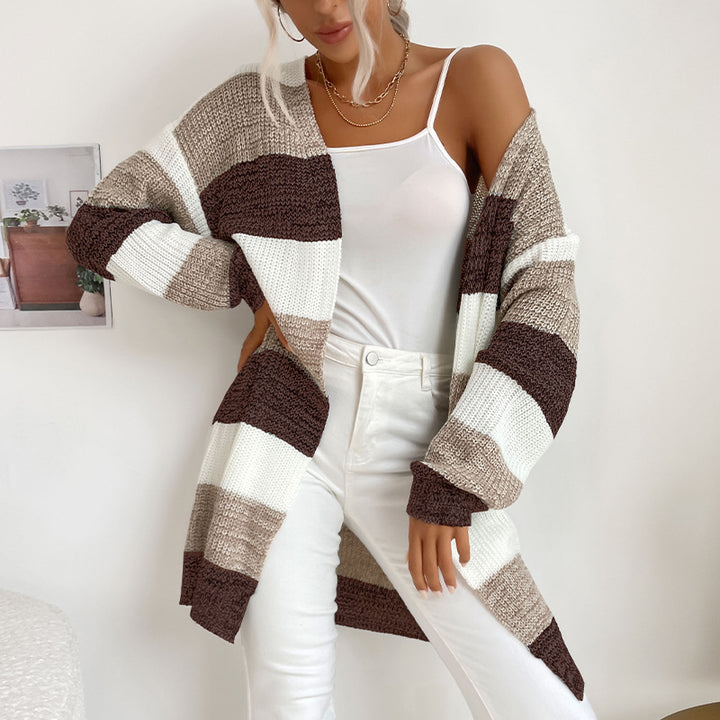 Damen Longline Strickcardigan mit breiten Blockstreifen, offener Front und überschnittener Schulter Drune