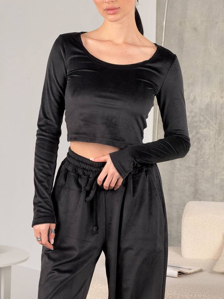 Damen samtiges bauchfreies Langarm-Crop-Top mit weitem Rundhalsausschnitt Drune