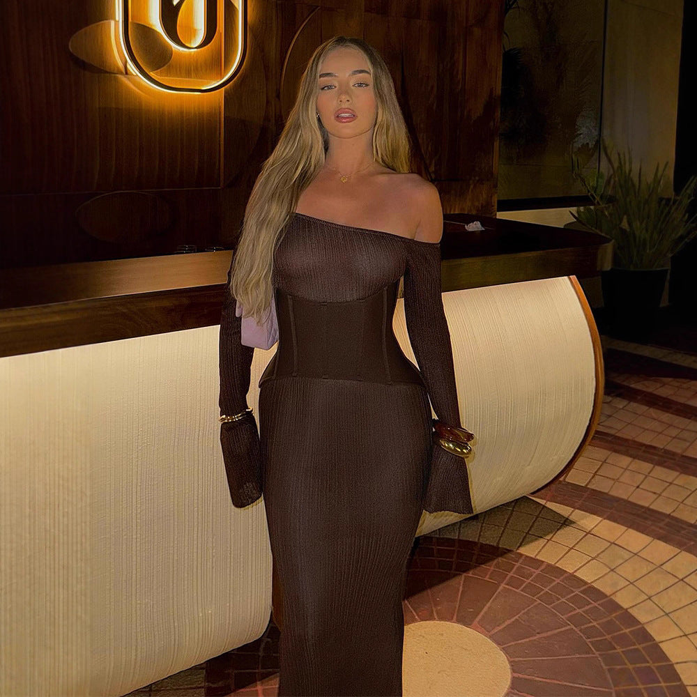Damen One-Shoulder Maxikleid mit formendem Korsettbund und Rippstrick Drune