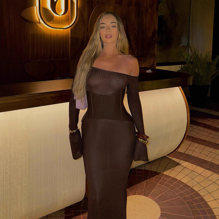Damen One-Shoulder Maxikleid mit formendem Korsettbund und Rippstrick Drune