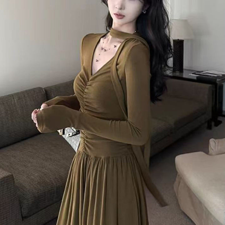Damen elegantes Maxi-Kleid mit raffiniertem V-Ausschnitt und langen Ärmeln Drune