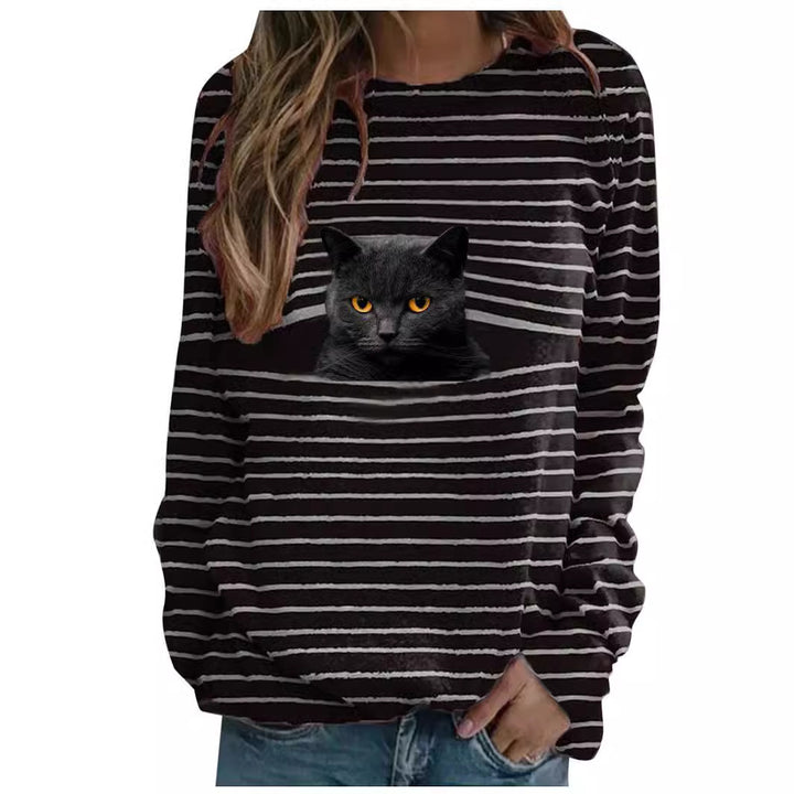 Damen nan lässiger Streifenpullover mit fotorealistischer Katzentasche und Rundhalsausschnitt Drune