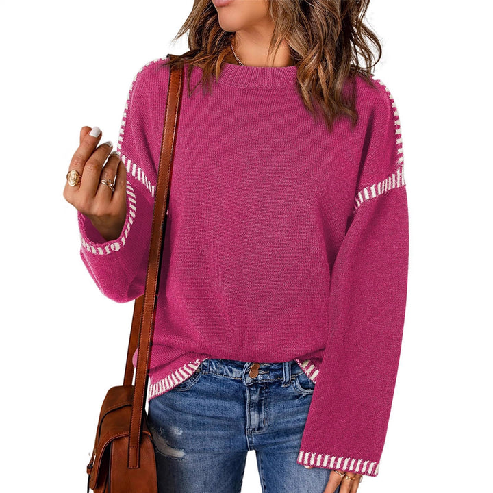 Damen Grobstrickpullover mit modischem Kontrastsaum und weiten Ärmeln Drune