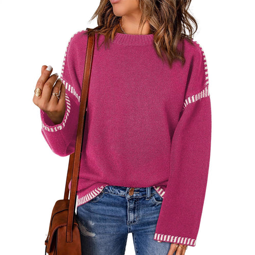 Damen Grobstrickpullover mit modischem Kontrastsaum und weiten Ärmeln Drune