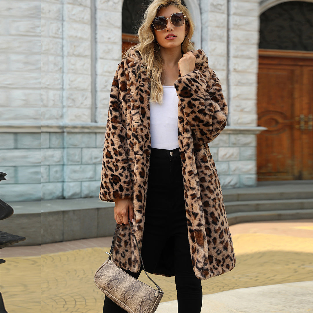 Damen Luxuriöser Fleece-Mantel mit Leopardenmuster Drune