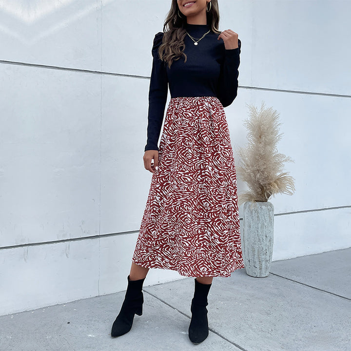 Damen A-Linien-Midirock mit hohem Bund, fließender Silhouette und abstraktem Print Drune