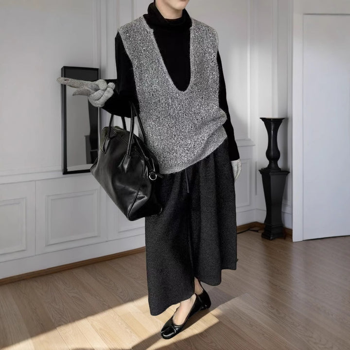 Damen Modische Strickweste mit tiefem V-Ausschnitt und kreativem Schnitt Drune