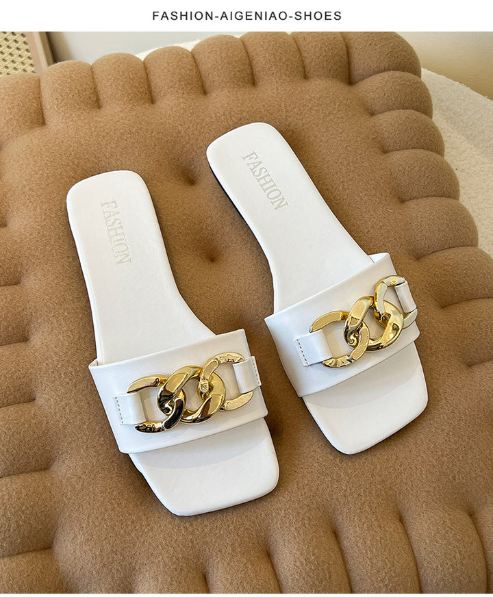 Damen Dekorative Ketten-Detail Slide Sandalen Drune