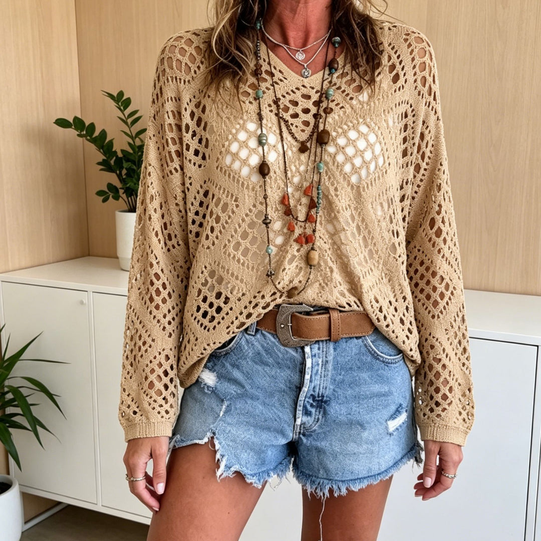 Damen Grobstrick-Häkelpullover mit offenen Maschen und V‑Ausschnitt Drune