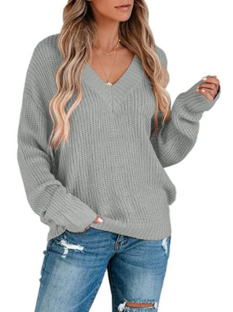 Damen Grobstrickpullover mit tiefem V-Ausschnitt und legeren Ärmeln Drune