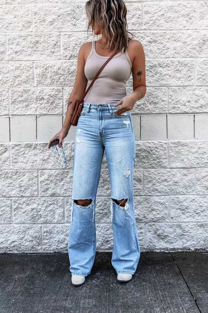 Drune | Damen High Waist Ripped Jeans mit Weitem Bein