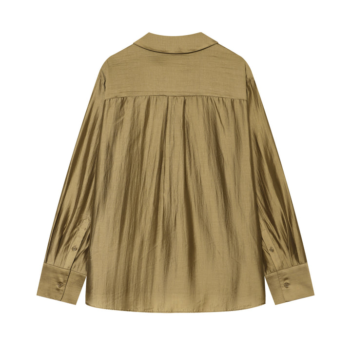 Damen Oversize‑Glanzbluse aus seidenartigem Stoff mit V‑Ausschnitt und verdeckter Knopfleiste Drune
