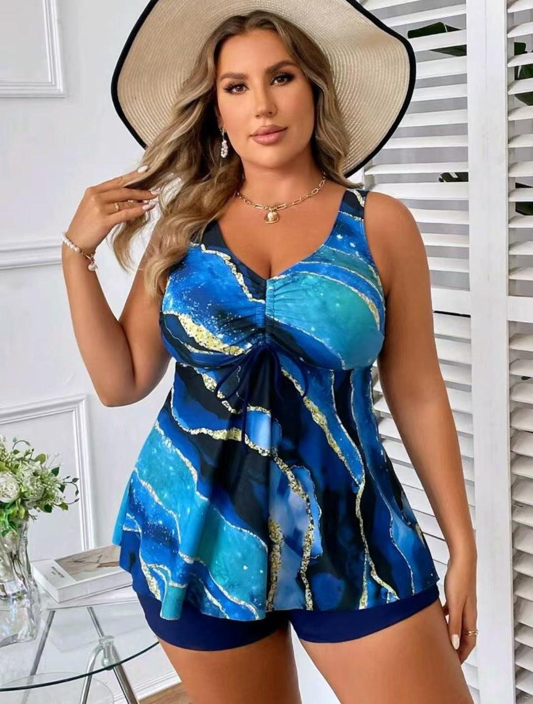 Damen Tankini mit modischer Raffung und lässigen Shorts Drune