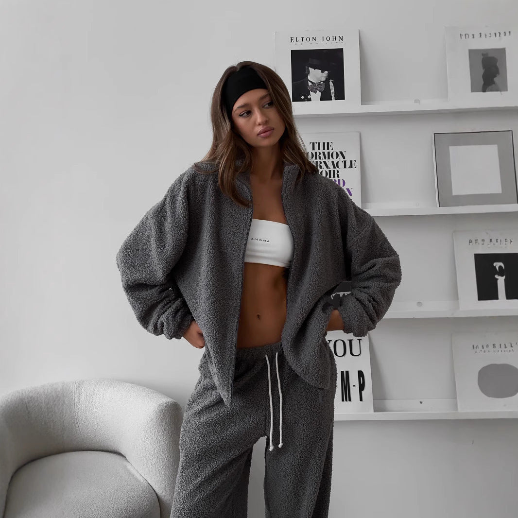 Damen oversized Teddy-Fleece Hausanzug mit Reißverschlussjacke und Jogginghose Drune