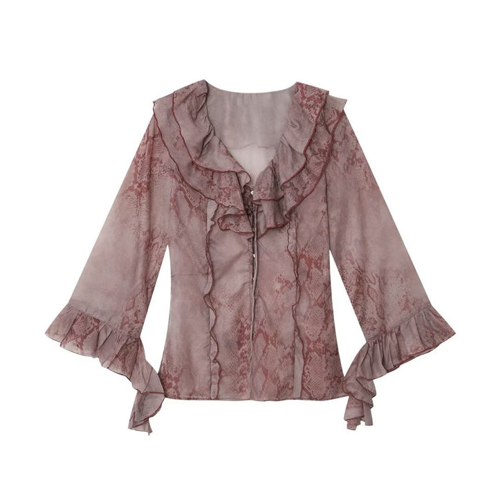 Damen Chiffonbluse mit Rüschenkragen, Volantärmeln und dekorativer Schnürung Drune