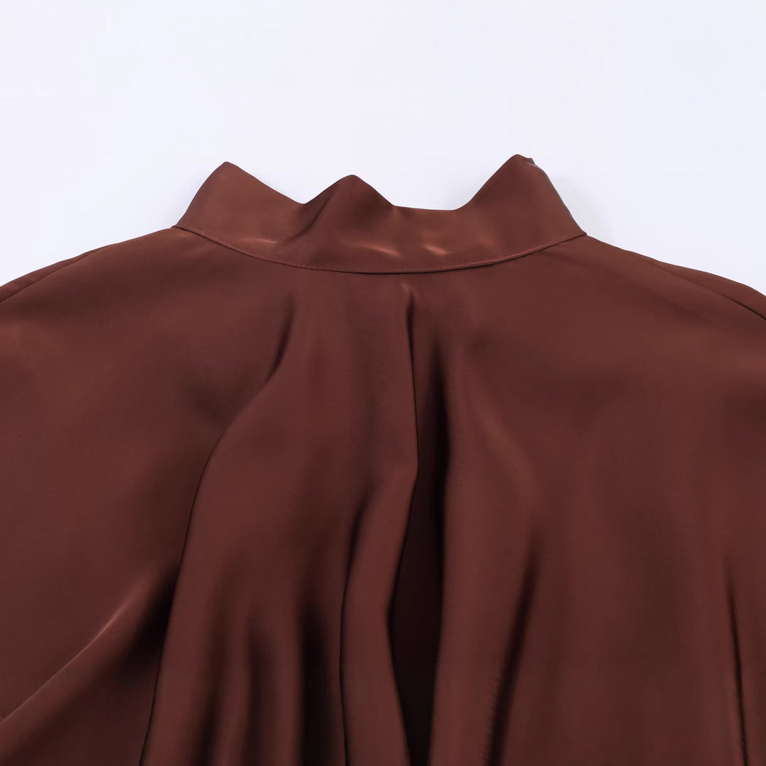 Damen nan elegantes Satin-Minikleid mit Schleifenkragen, Ballonärmeln und elastischer Taille Drune