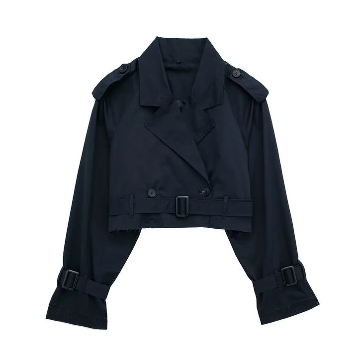 Damen kurzgeschnittene Trenchjacke mit Epauletten, Taillengürtel und verstellbaren Manschetten Drune