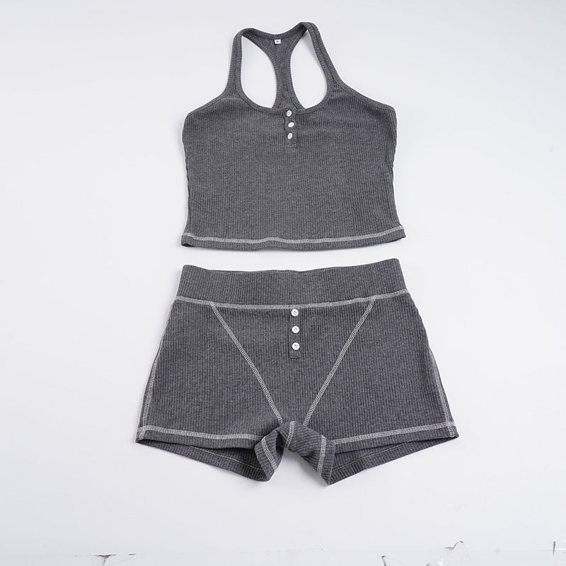 Damen Sportliches Top und Shorts-Set mit Knopfdetails Drune