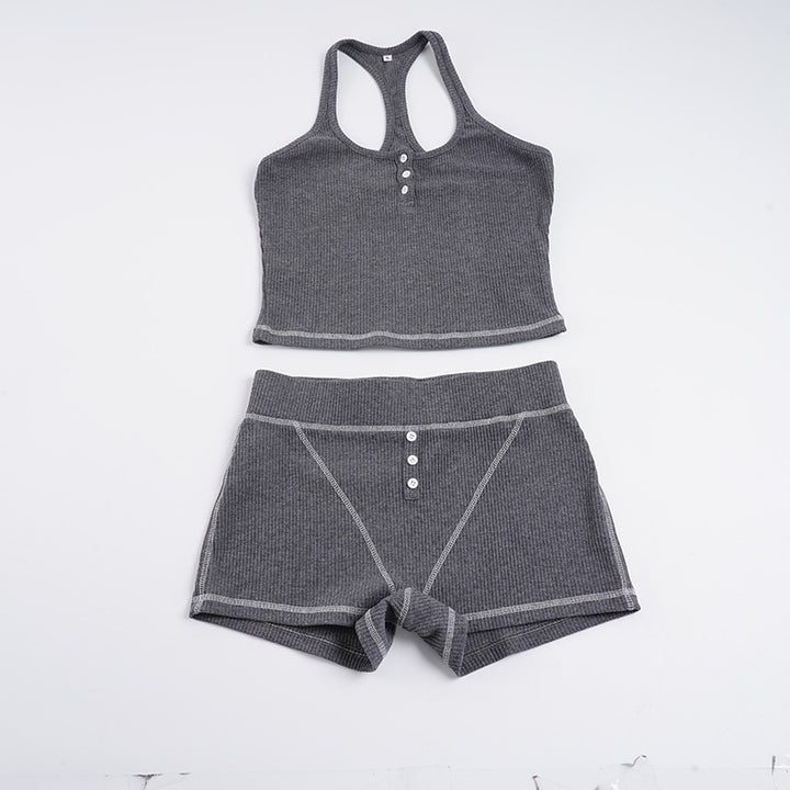 Damen Sportliches Top und Shorts-Set mit Knopfdetails Drune
