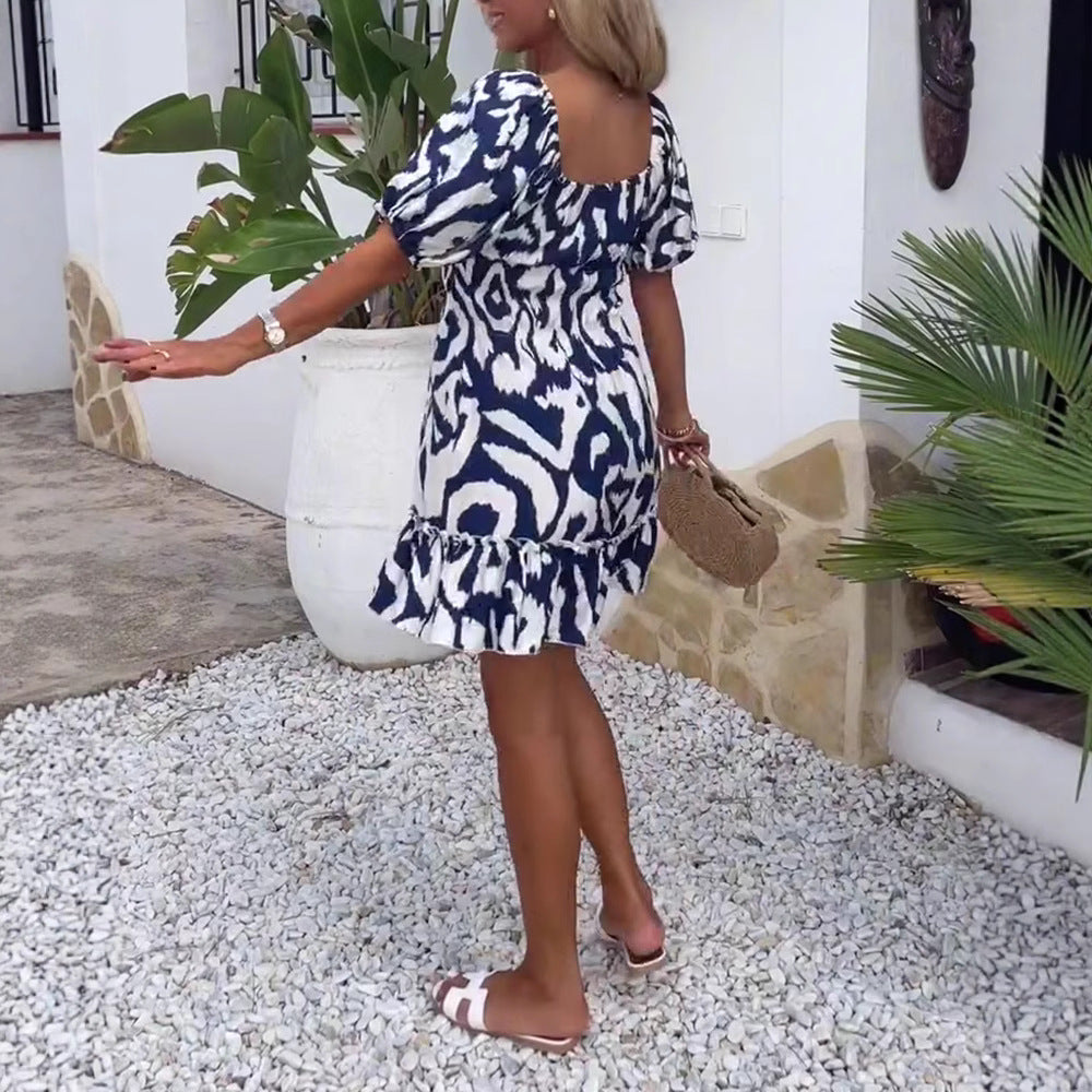 Damen nan Kurzschnitt-Sommerkleid mit quadratischem Ausschnitt, Puffärmeln und Volant-Saum Drune