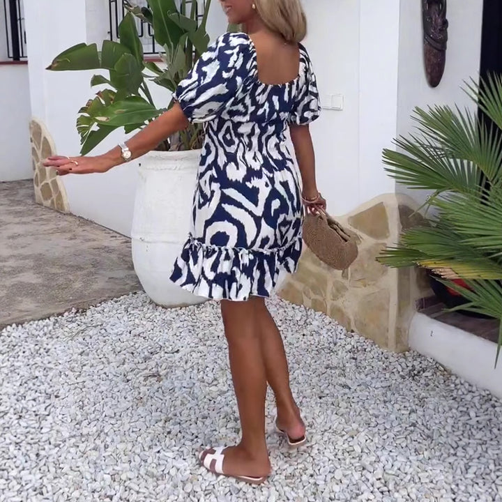 Damen nan Kurzschnitt-Sommerkleid mit quadratischem Ausschnitt, Puffärmeln und Volant-Saum Drune