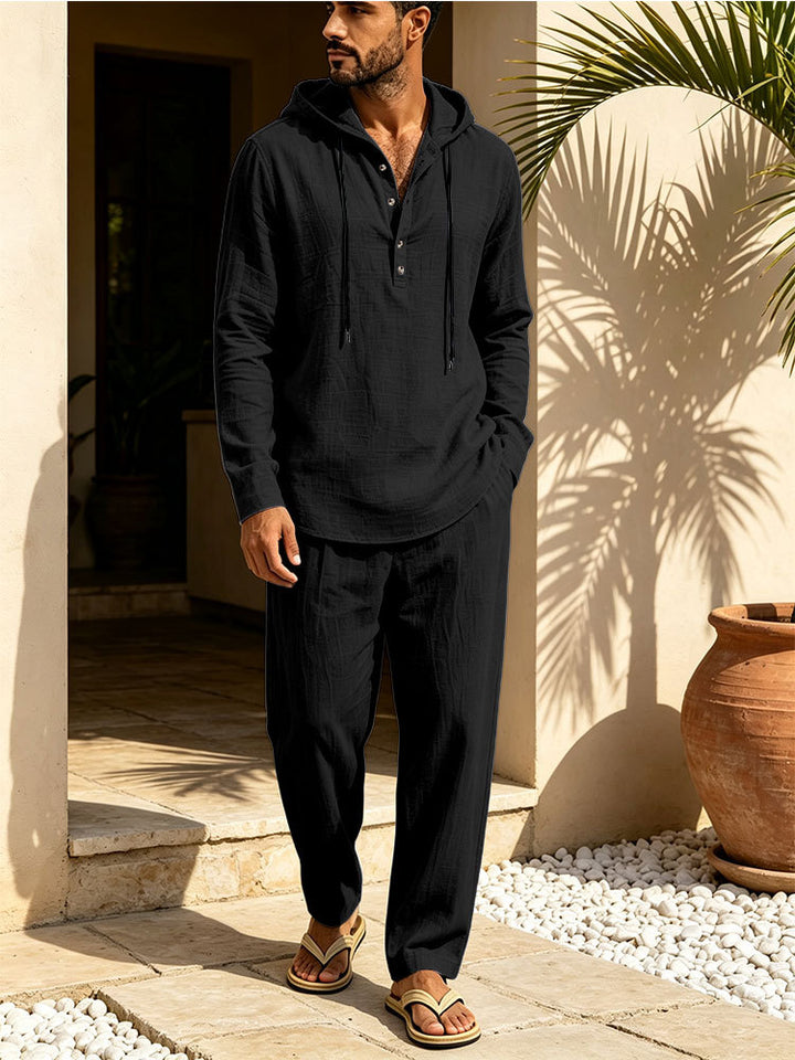 Herren Lässiges Leinen-Look Freizeit-Set mit Kapuzenhemd und weiten Hosen Drune