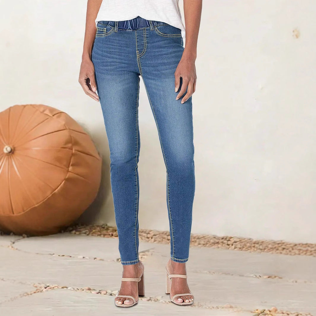 Damen hochgeschnittene Stretch-Jeggings mit elastischem Komfortbund und Gesäßtaschen Drune