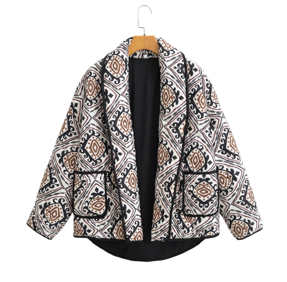 Damen Gesteppte Kimono-Jacke mit Ethno-Print, Kontrastpaspel und aufgesetzten Taschen Drune