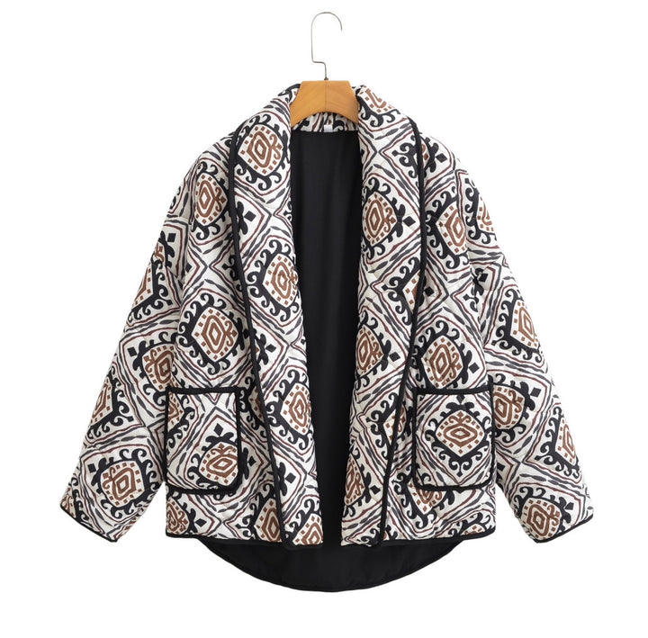 Damen Gesteppte Kimono-Jacke mit Ethno-Print, Kontrastpaspel und aufgesetzten Taschen Drune