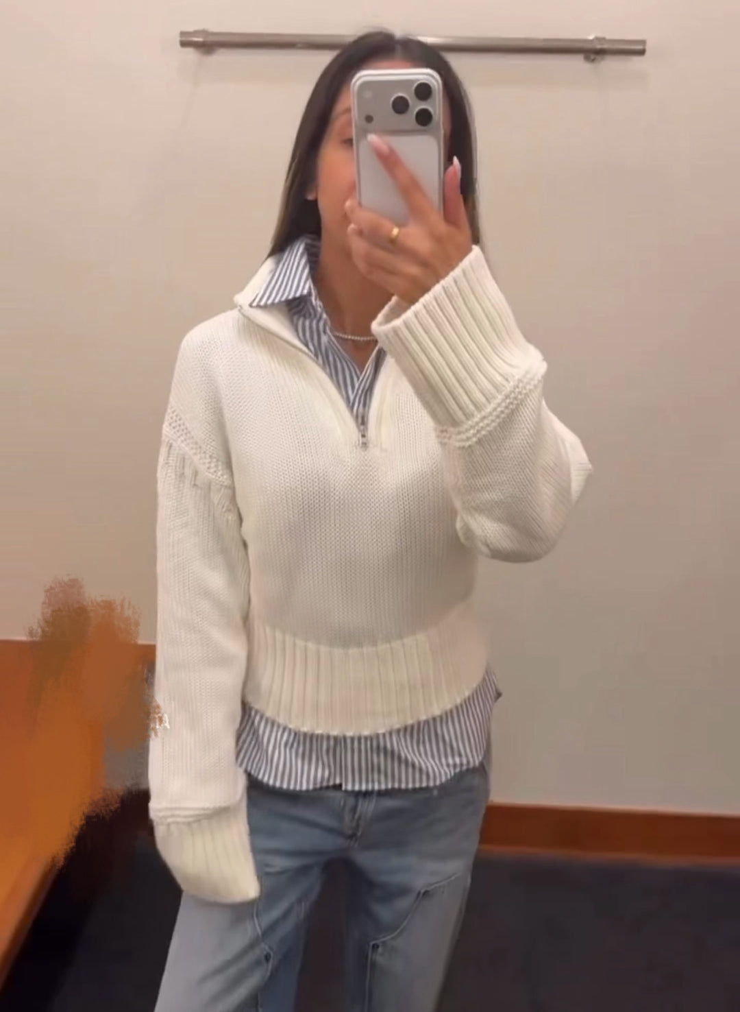 Damen Cropped Strickpullover mit halbem Reißverschluss, Stehkragen und Ballonärmeln Drune