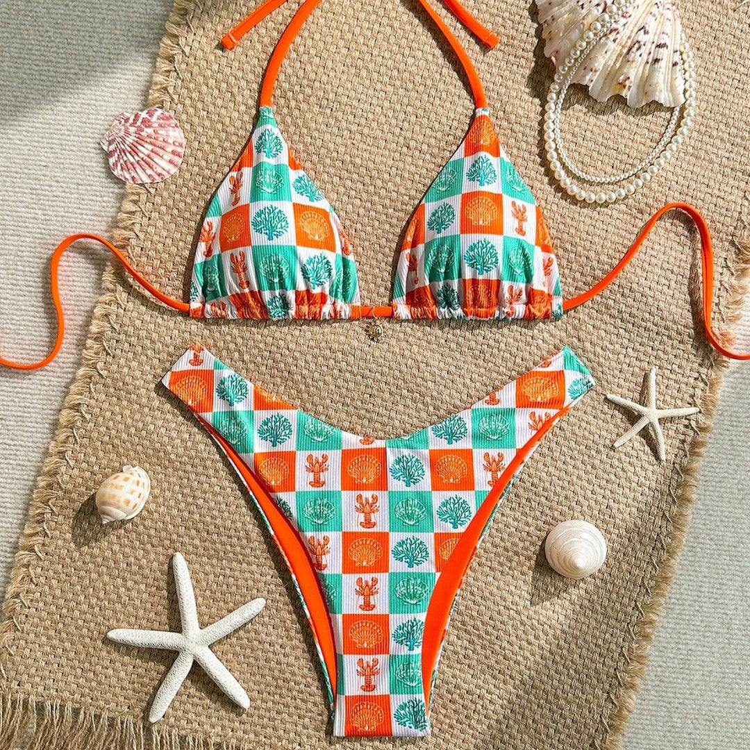 Damen Triangel-Bikini mit maritimen Mustern und verstellbaren Trägern Drune