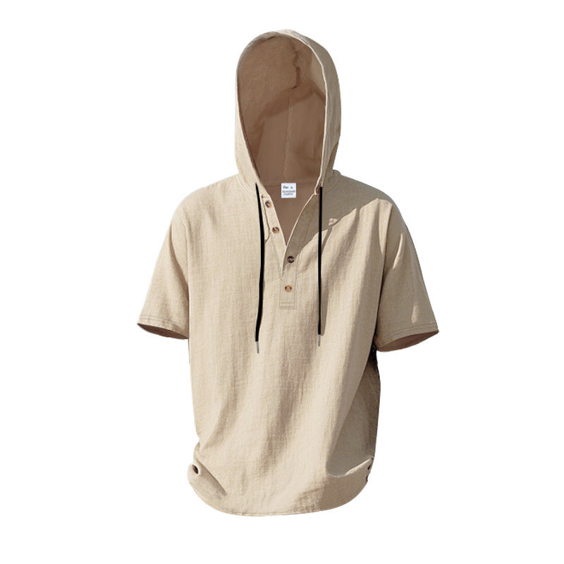 Herren Kurzarm-Hoodie-Henley aus Leinenoptik mit Knopfleiste Drune