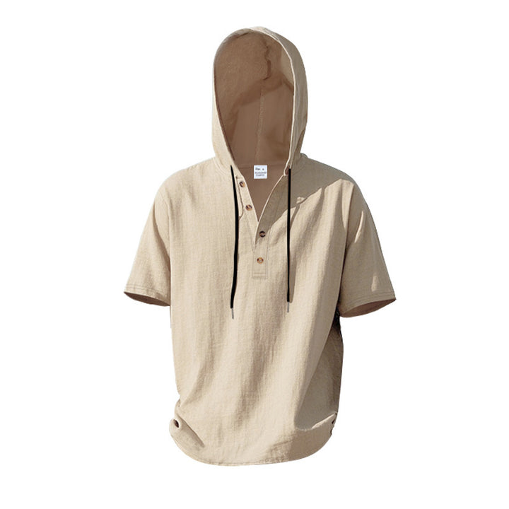 Herren Kurzarm-Hoodie-Henley aus Leinenoptik mit Knopfleiste Drune