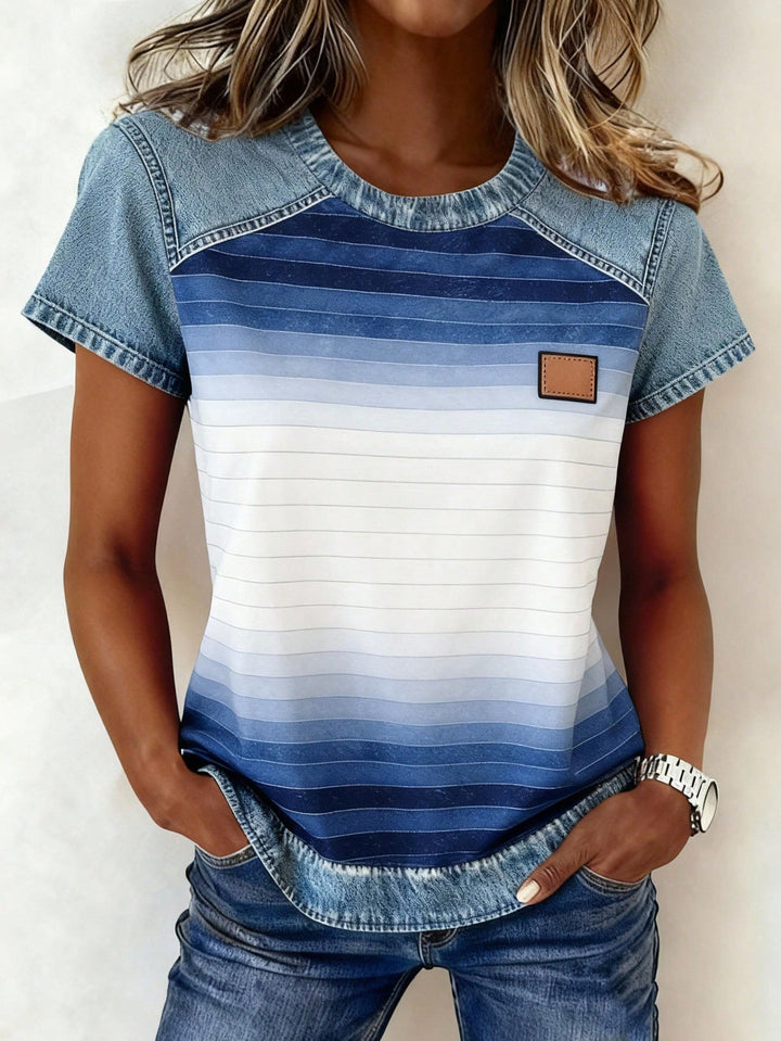 Damen Kurzarmshirt mit Jeans-Einsätzen und Teddy-Patchprint Drune