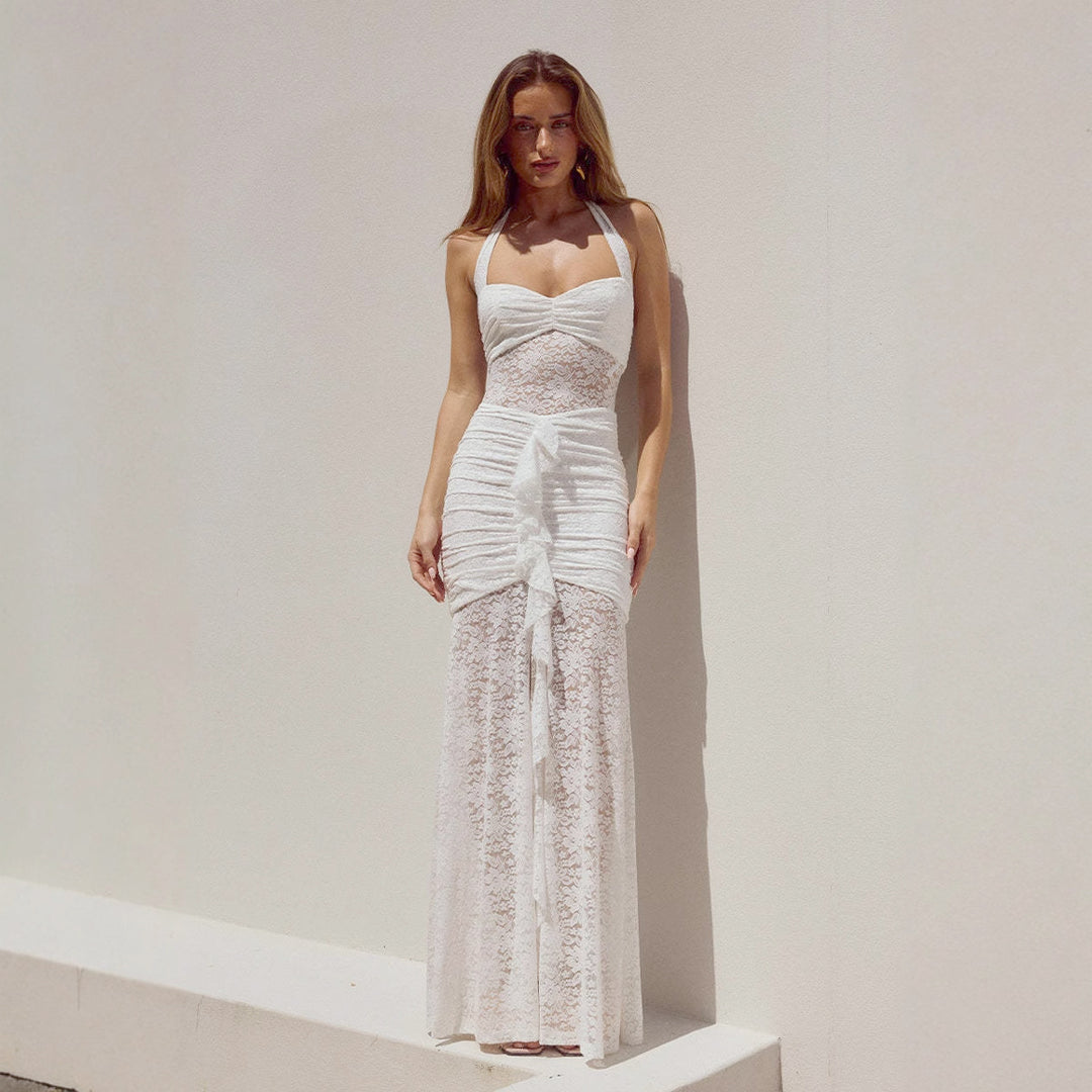 Damen Raffiniertes Maxikleid mit Spitzenakzenten und tiefem Schlitz Drune