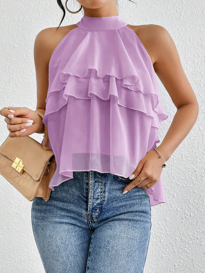 Damen Luftiges Chiffon-Top mit Stehkragen und mehrlagigen Volants Drune