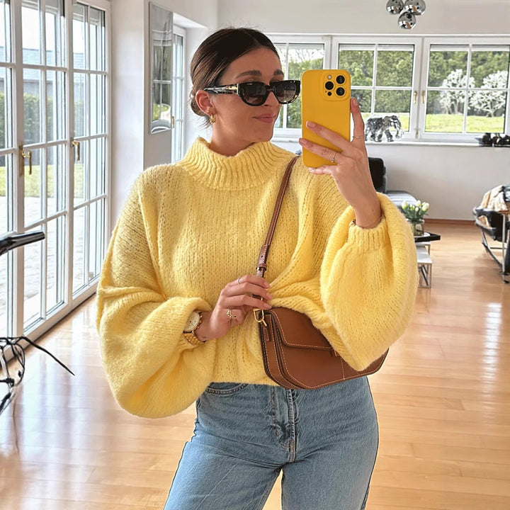 Damen oversized Strickpullover mit hohem Kragen und Ballonärmeln Drune