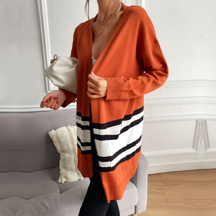 Damen Longline-Cardigan mit Kontraststreifen, aufgesetzten Taschen & Rippbündchen Drune