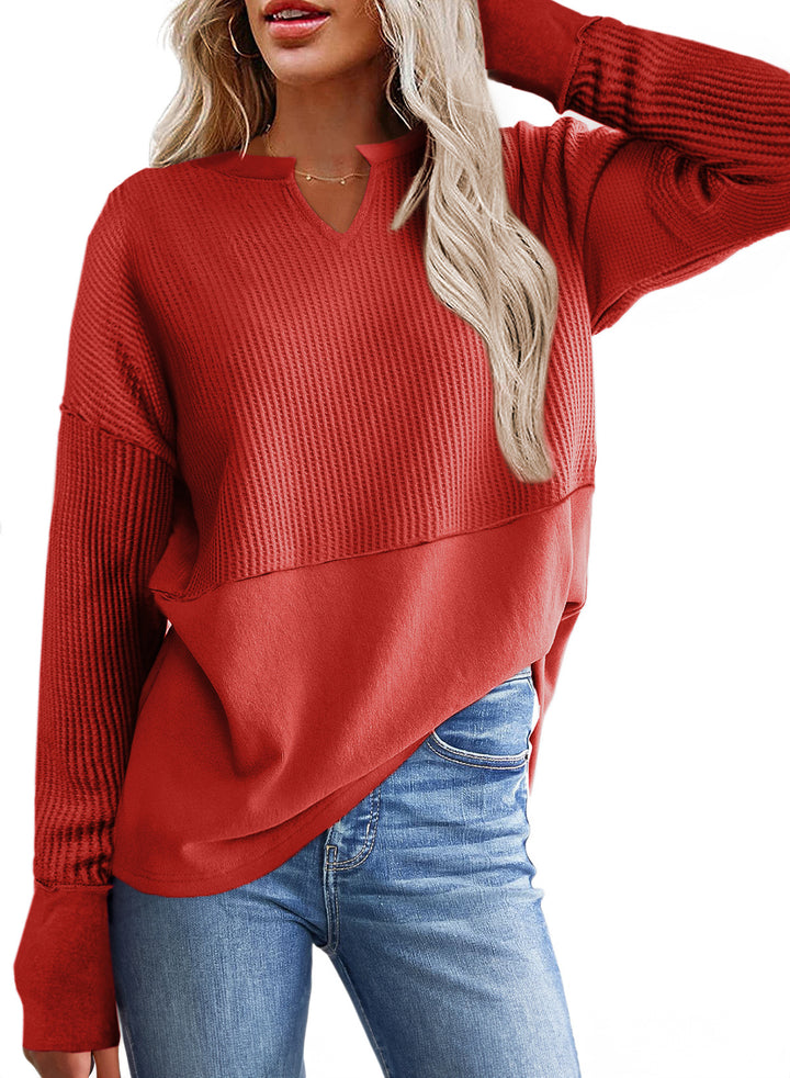 Damen Oversize-Pullover mit Waffle-Struktur, V-Notch und überschnittener Schulter Drune